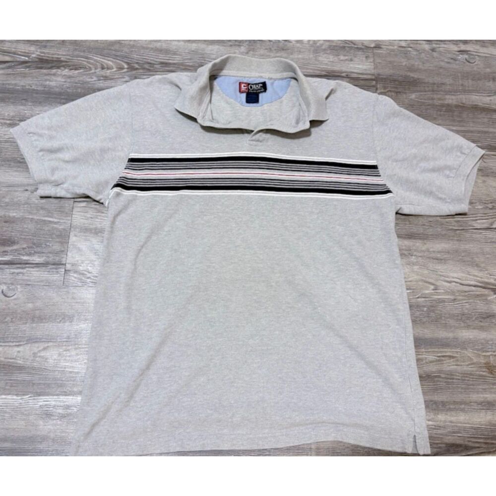 Chaps Polo Shirt Mens L Gray Striped Cotton Athleisure Business Casual Preppy